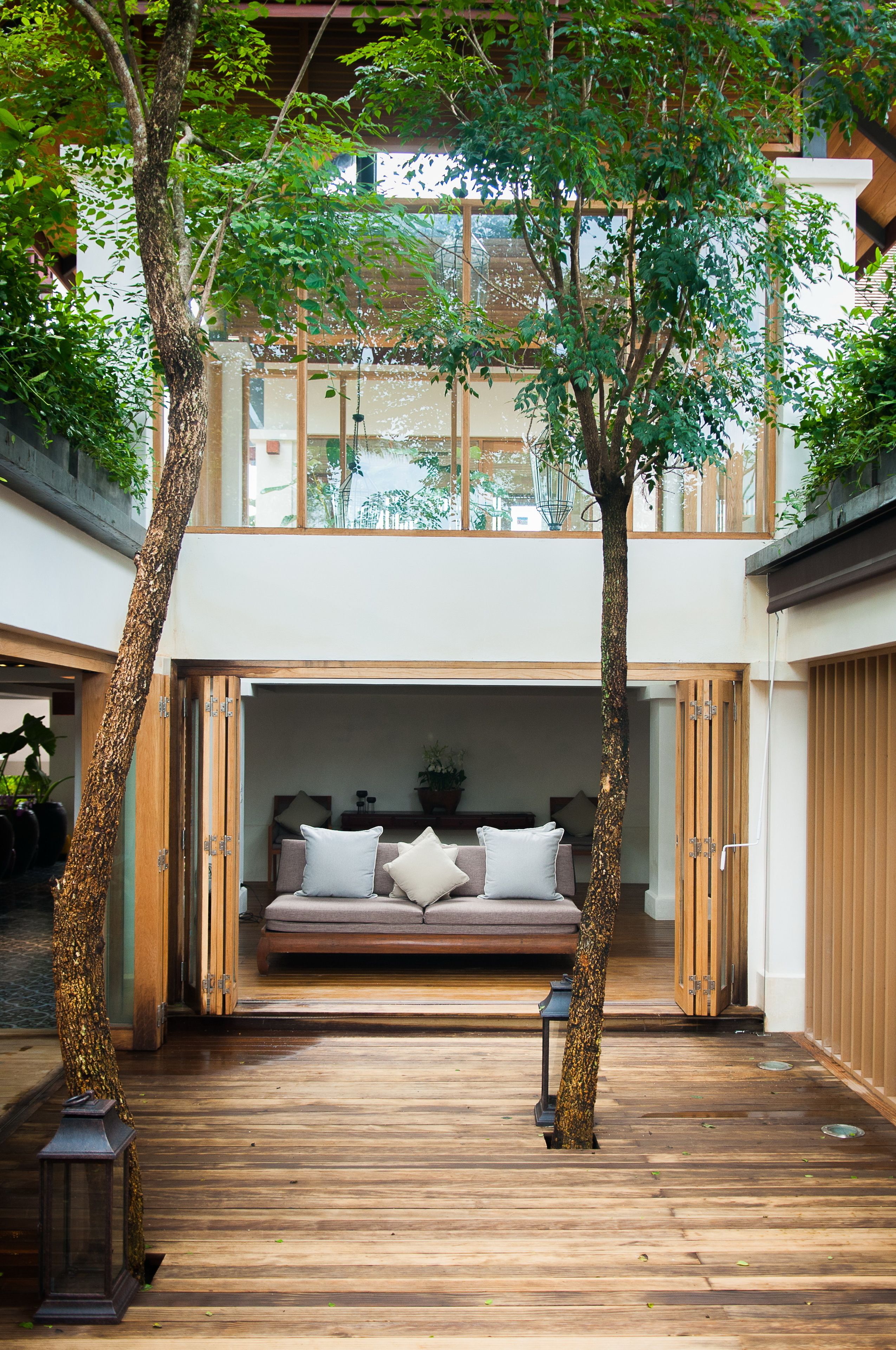 A modern interior with a wooden deck, a sofa with cushions, and a large tree in the center.
