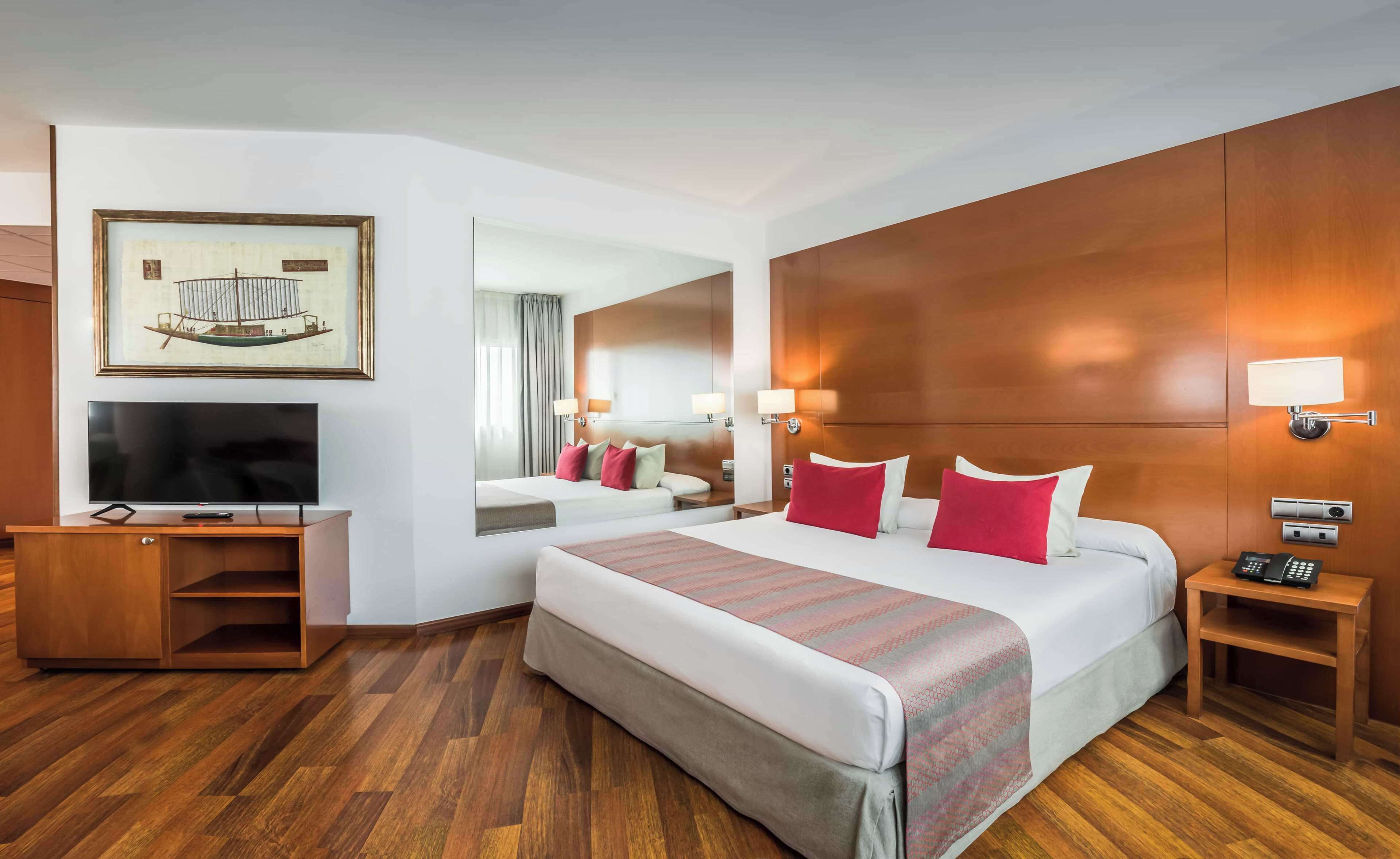 Habitación de hotel con una cama grande, televisor, escritorio y espejo.
