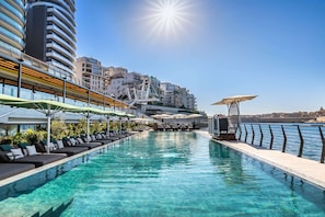 A rooftop infinity pool with sun loungers and umbrellas, overlooking a cityscape.