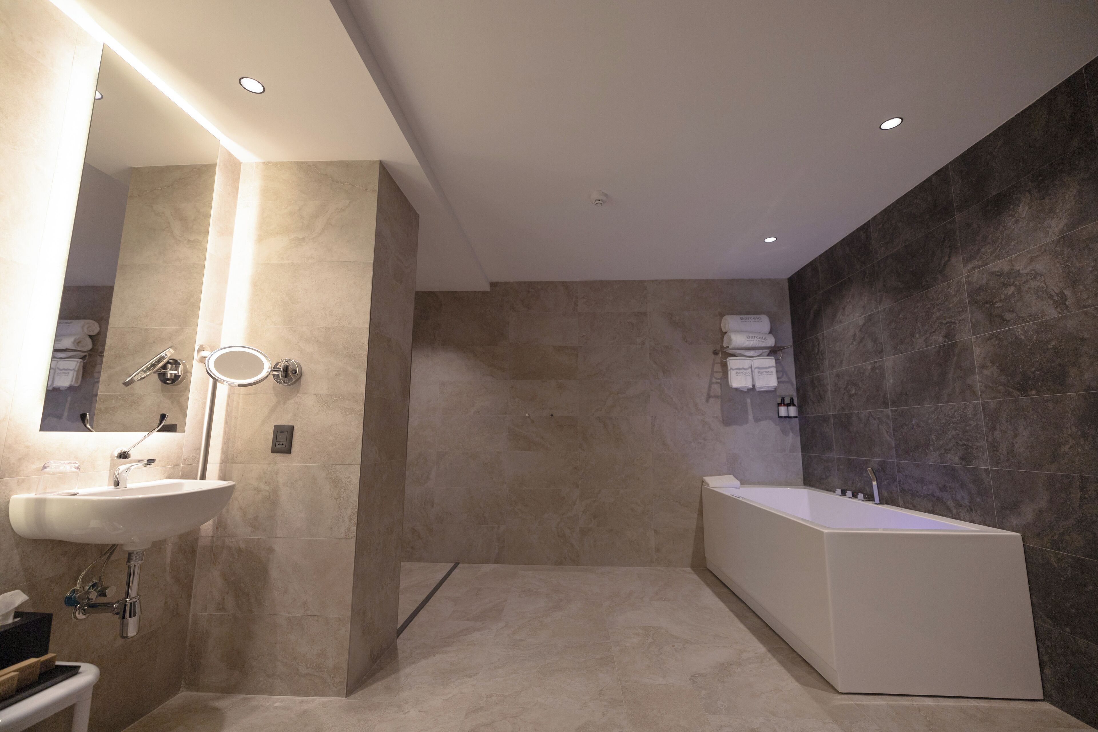 Une salle de bain moderne avec un grand lavabo, un miroir et une baignoire.