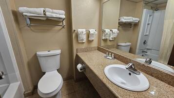 Chambre, 1 très grand lit | Salle de bain | Baignoire, sèche-cheveux, serviettes fournies