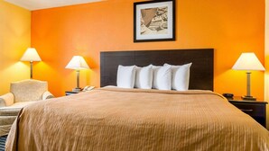 Habitación de hotel con una cama grande, dos mesitas de noche con lámparas, una silla e imagen enmarcada en la pared.