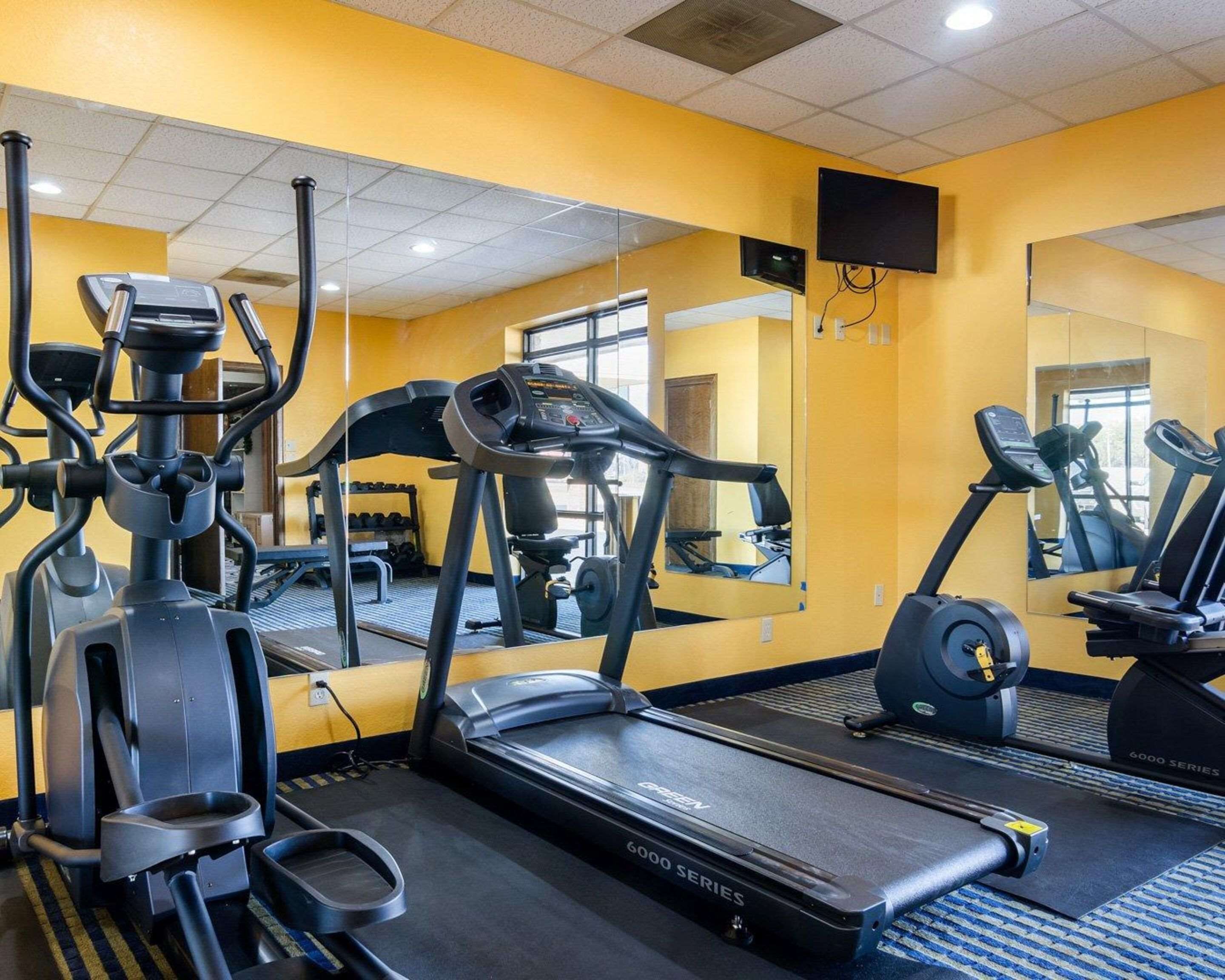 A gym with treadmills, elliptical machines, and a mirrored wall.