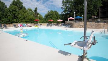 Relax by the pool surrounded by lush greenery and lounge under the shade of umbrellas.