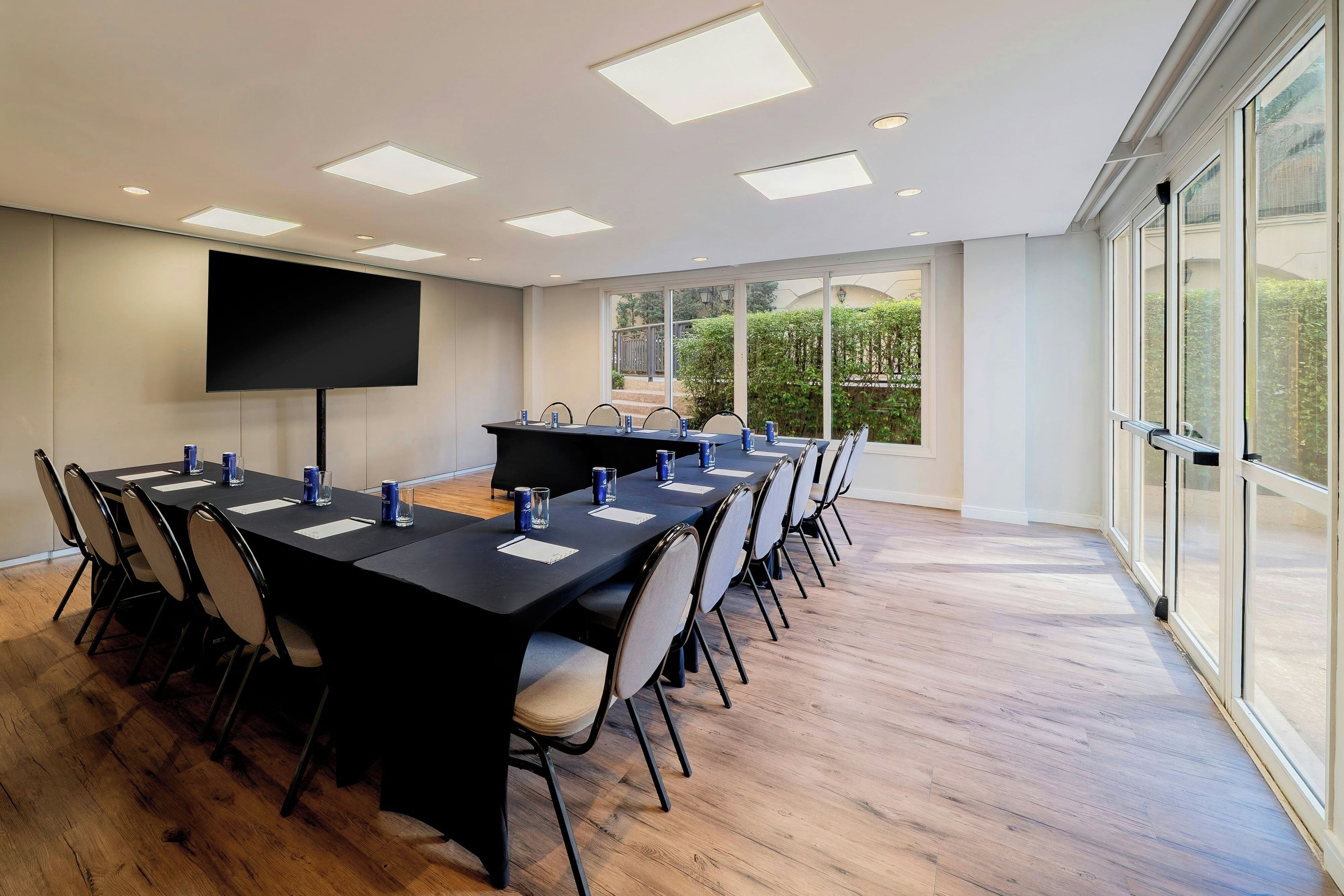 A conference room with a long table, chairs, a flat-screen TV, and large windows.