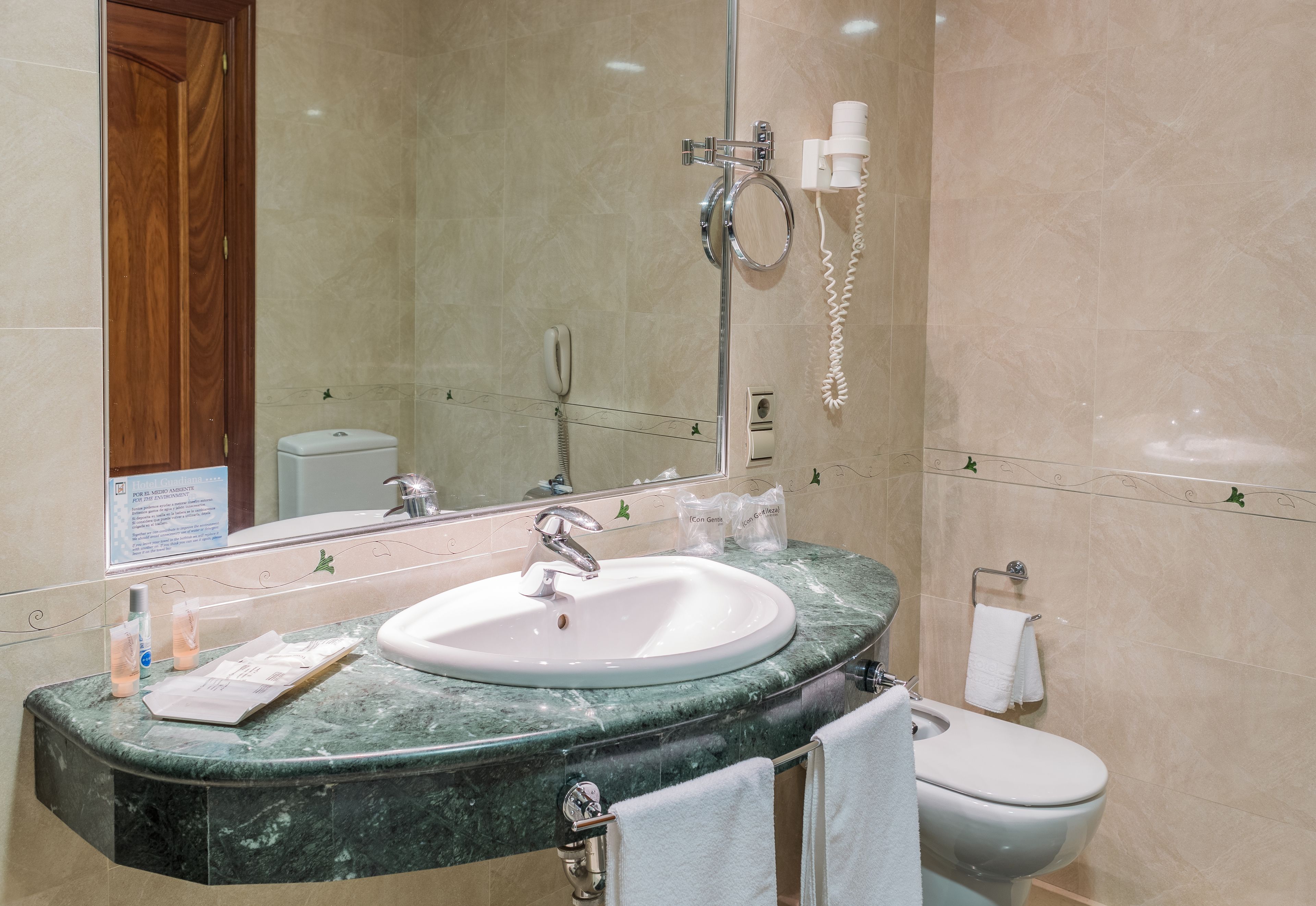 A bathroom with a marble sink, a mirror, a toilet, and a shower area.