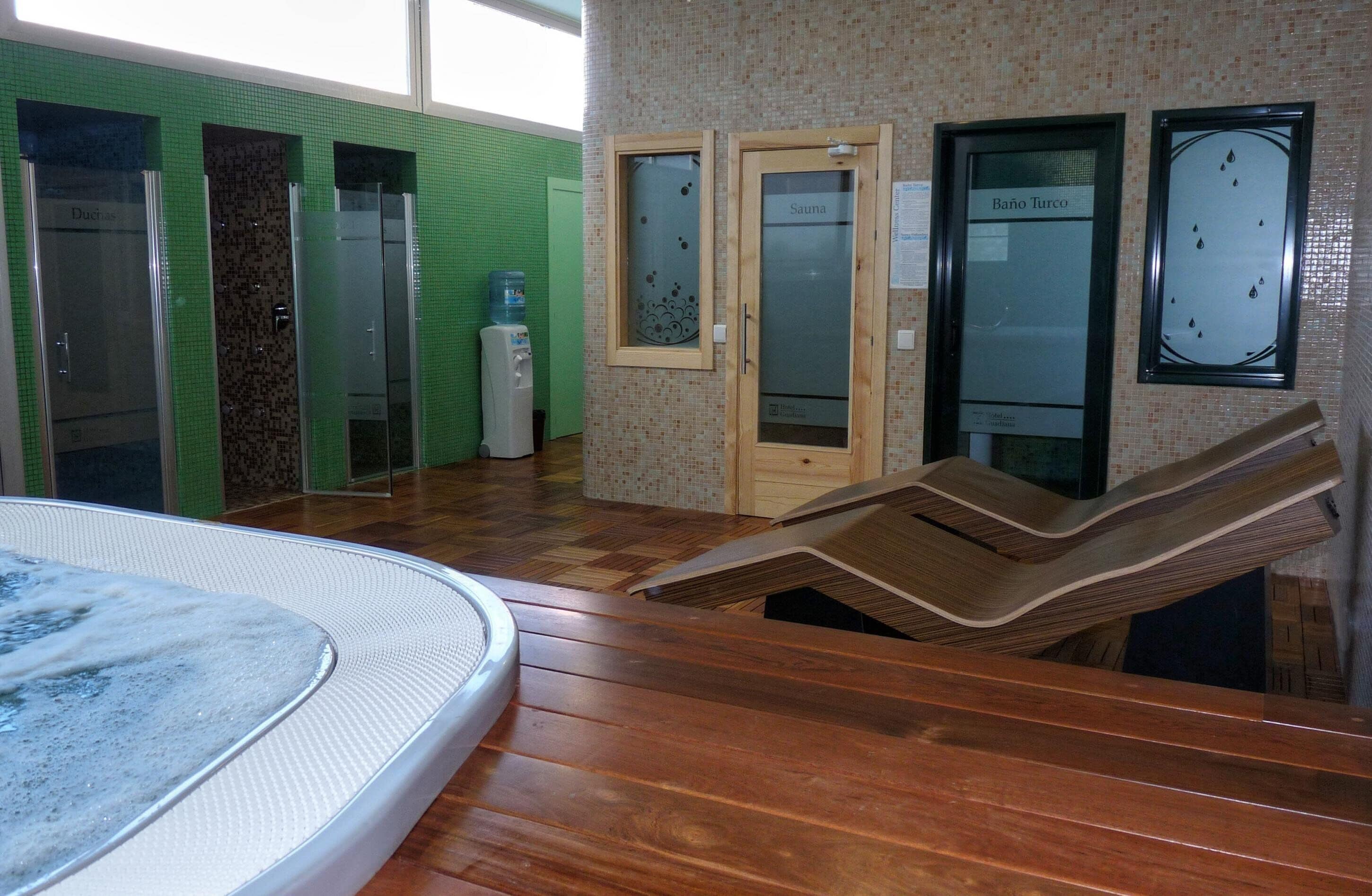 indoor pool, seasonal outdoor pool, pool loungers