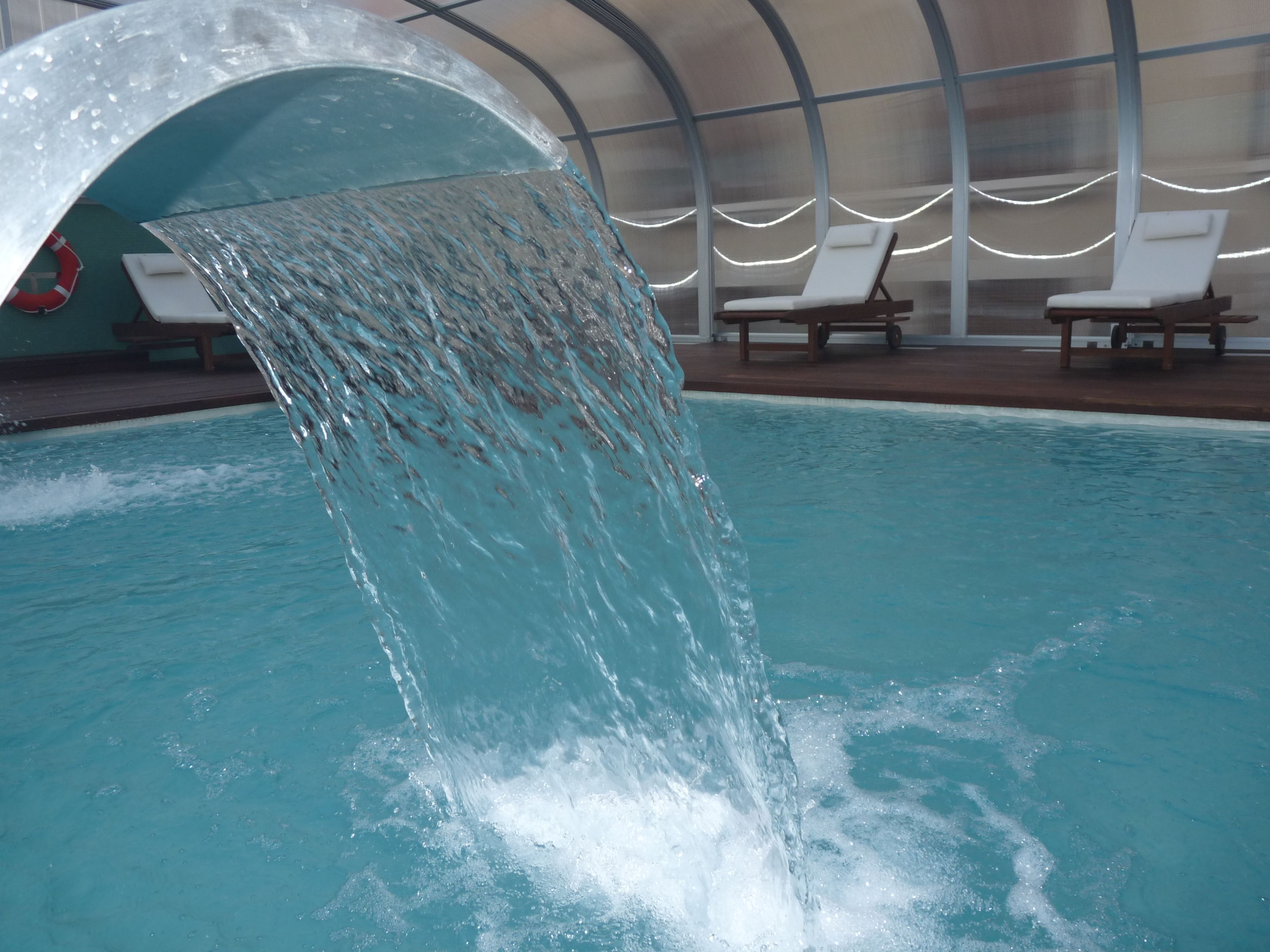 indoor pool, seasonal outdoor pool, pool loungers