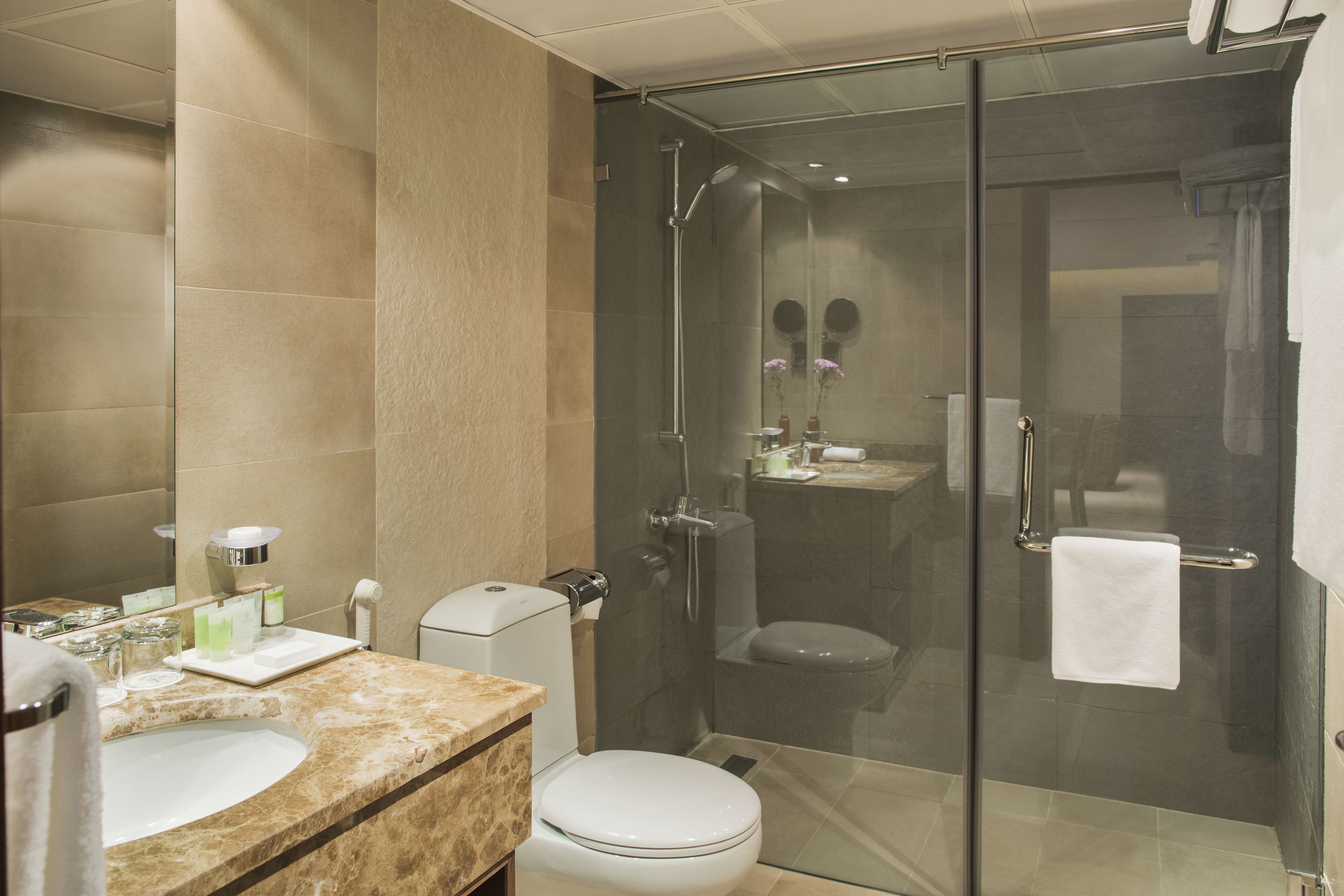 shower, free toiletries, hair dryer, slippers