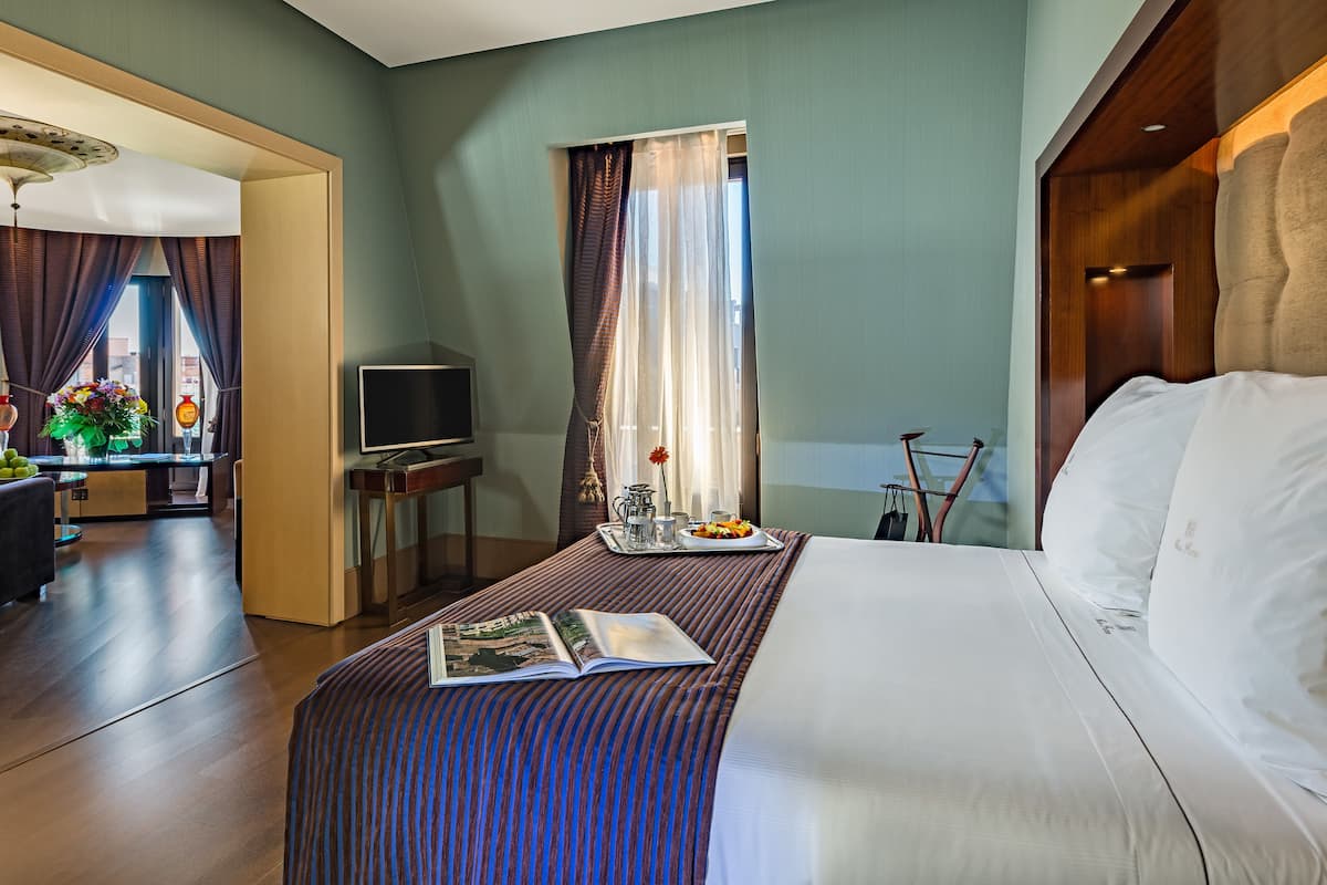 A hotel room with a bed, a TV, a tray with fruits and a book, and a view of the city through the window.