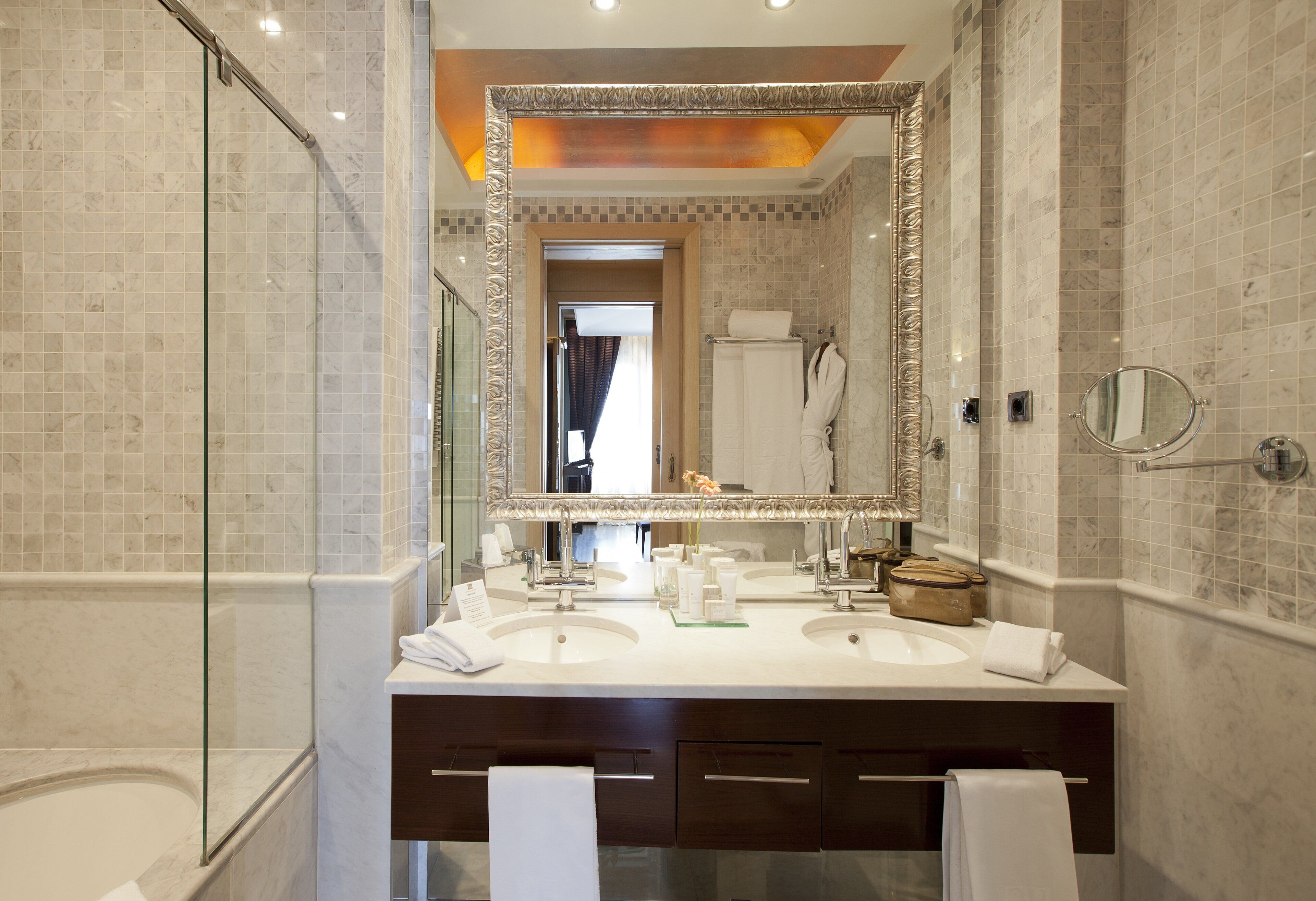 hair dryer, bathrobes, slippers, towels