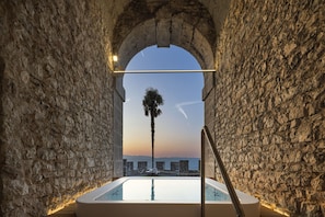 Una piscina infinita de paredes de piedra con vista al mar y una palmera.