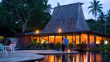 Outdoor pool, pool umbrellas, sun loungers