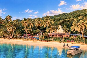 Un resort en la playa con piscina, palmeras y un bote.