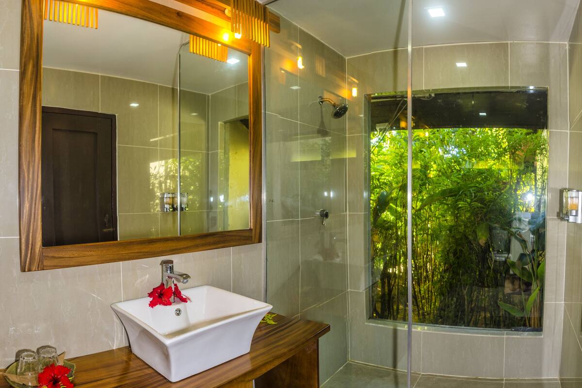 ocean view pool villa  | bathroom | shower, free toiletries, hair dryer, towels