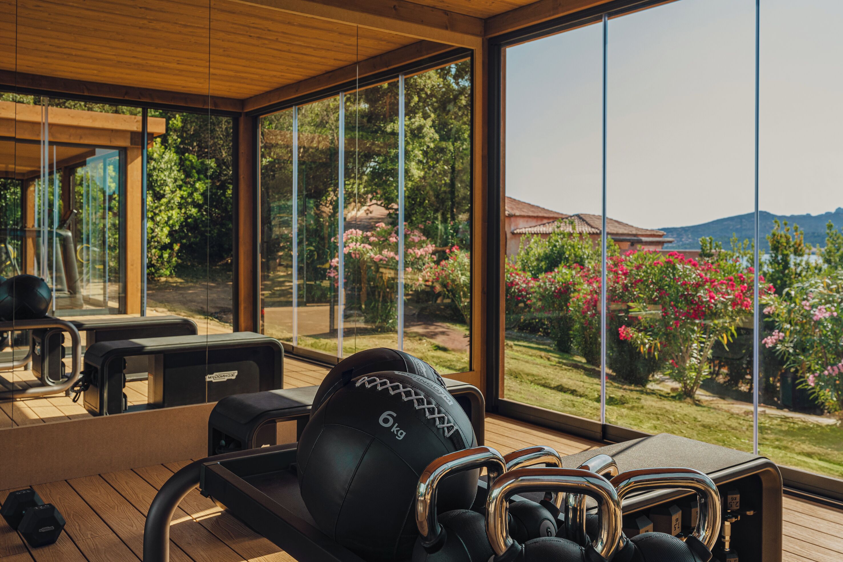 A gym with exercise equipment and large windows overlooking a garden.