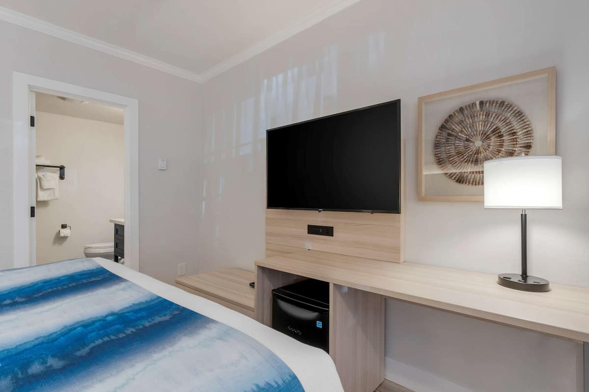 A modern hotel room with a bed, a flat-screen TV mounted on a wooden console, a wall-mounted lamp, and a framed artwork above the console.