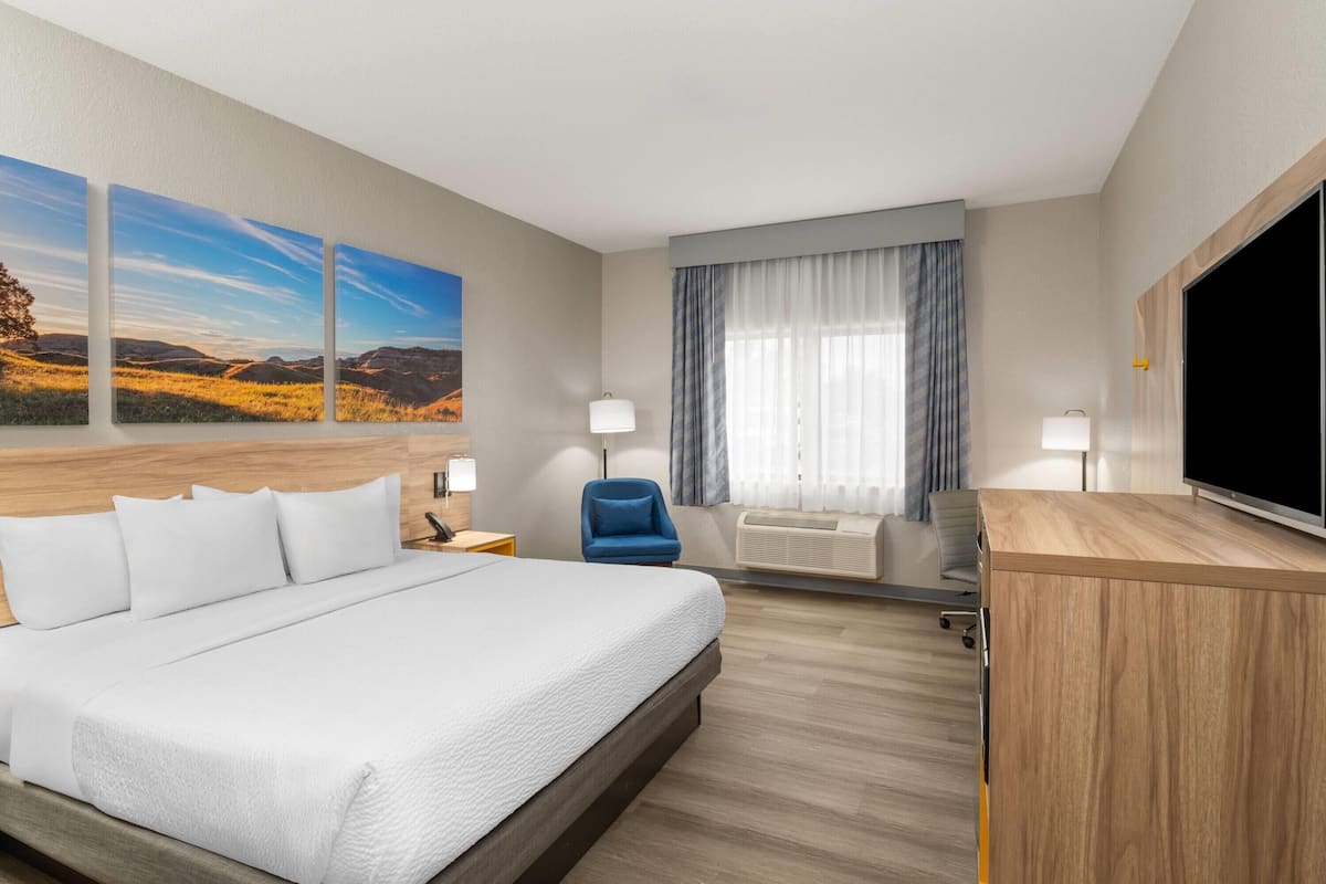 Chambre, 1 trÚs grand lit, accessible aux personnes à mobilité réduite, non-fumeur (Roll-in Shower) | Ameublement unique, bureau, fer et planche à repasser