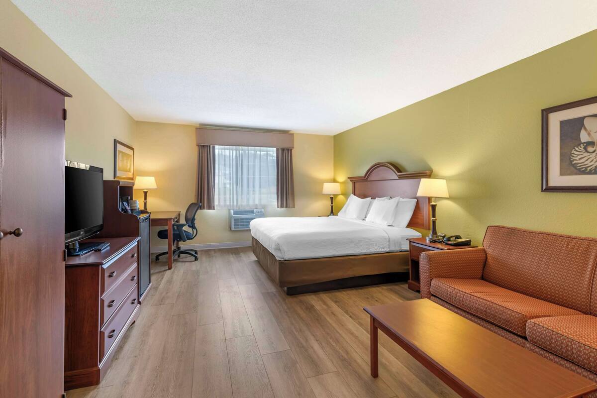 A hotel room with a bed, a TV, a desk, a chair, a sofa, and a lamp.