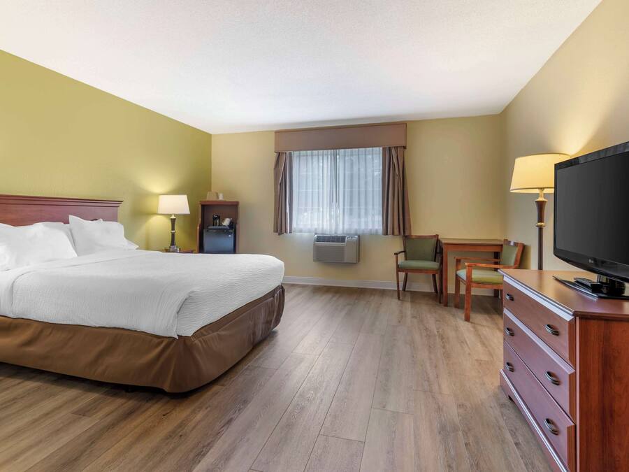 A hotel room with a bed, a desk, a television, and a chair.
