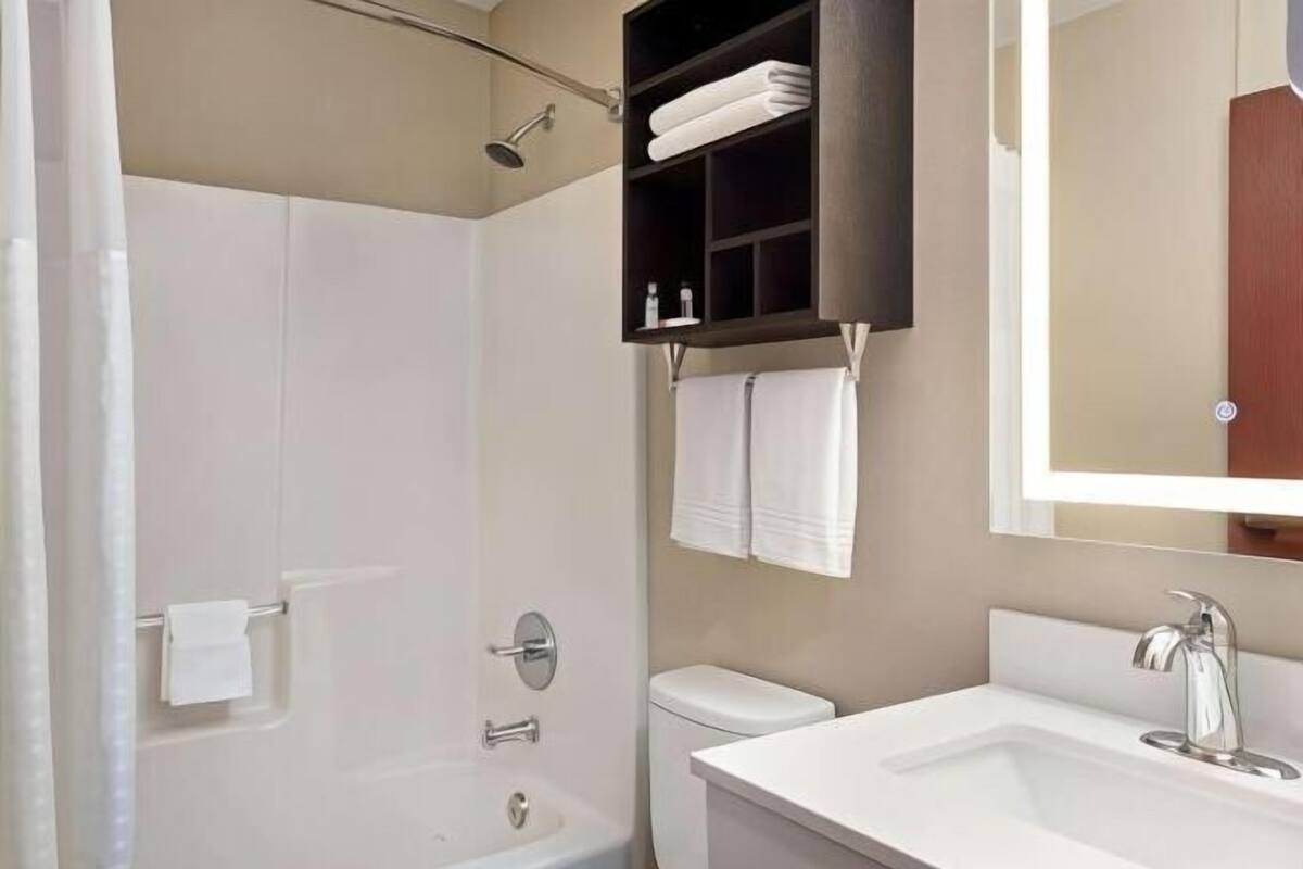 Bathroom | Combined shower/tub, free toiletries, hair dryer, towels