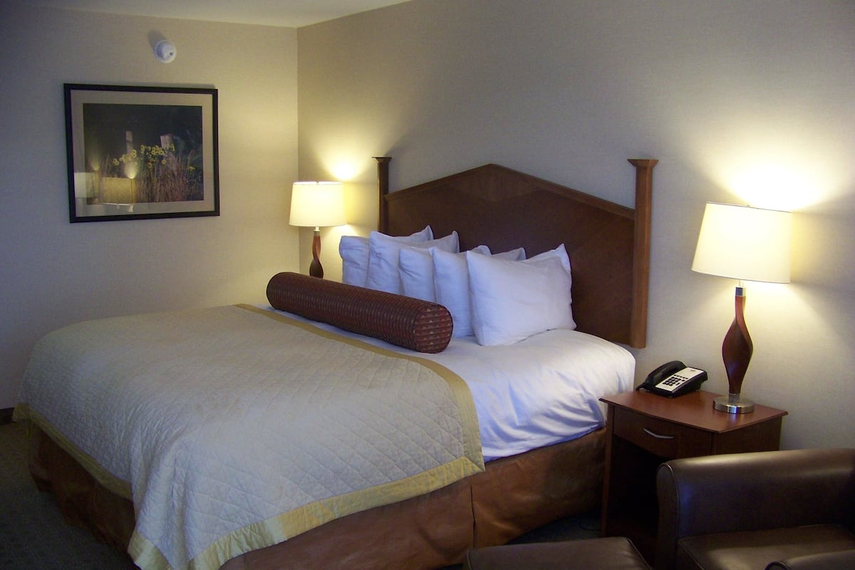 Una habitación de hotel con una cama grande, dos lámparas de noche, un teléfono y una silla.