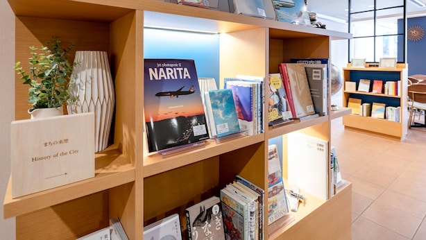 Une librairie avec des étagères en bois, des livres et une plante en pot.