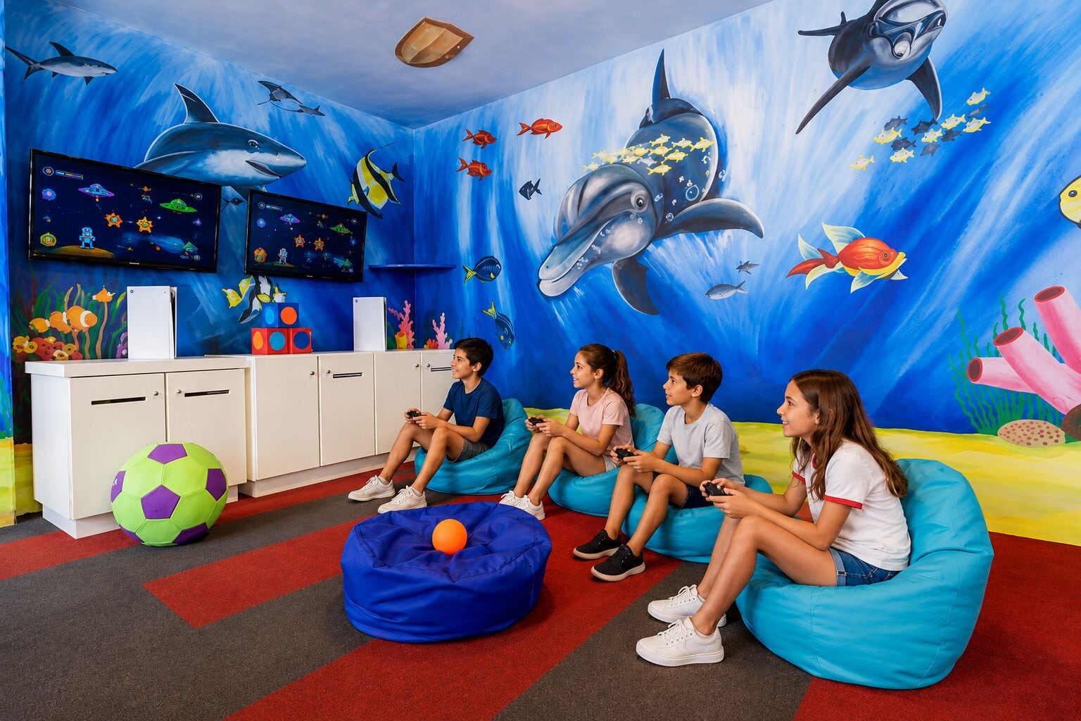A room with children playing video games, a large mural of marine life, and a white cabinet with colorful blocks.