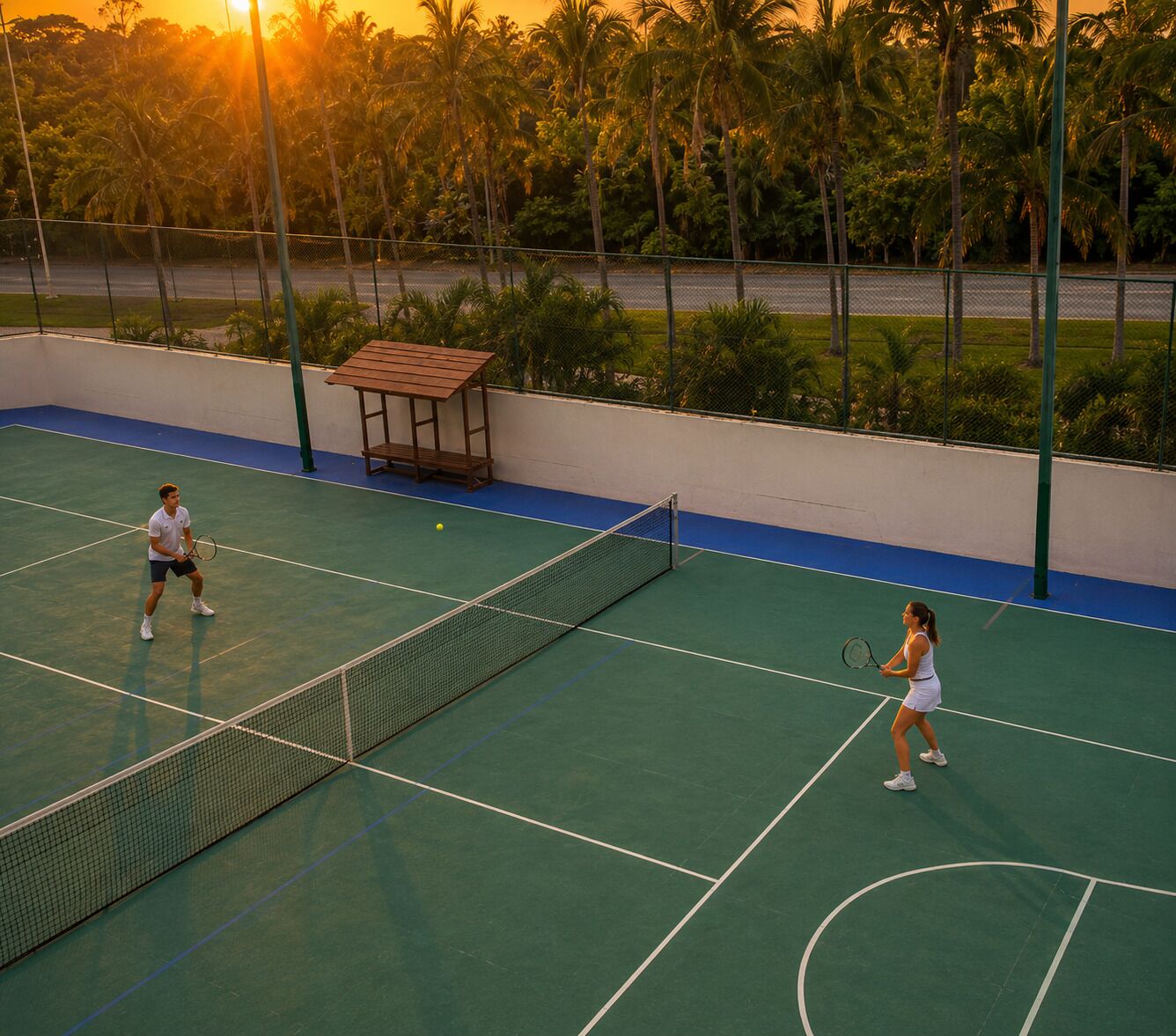 A tennis court with a net, surrounded by a fence and palm trees.