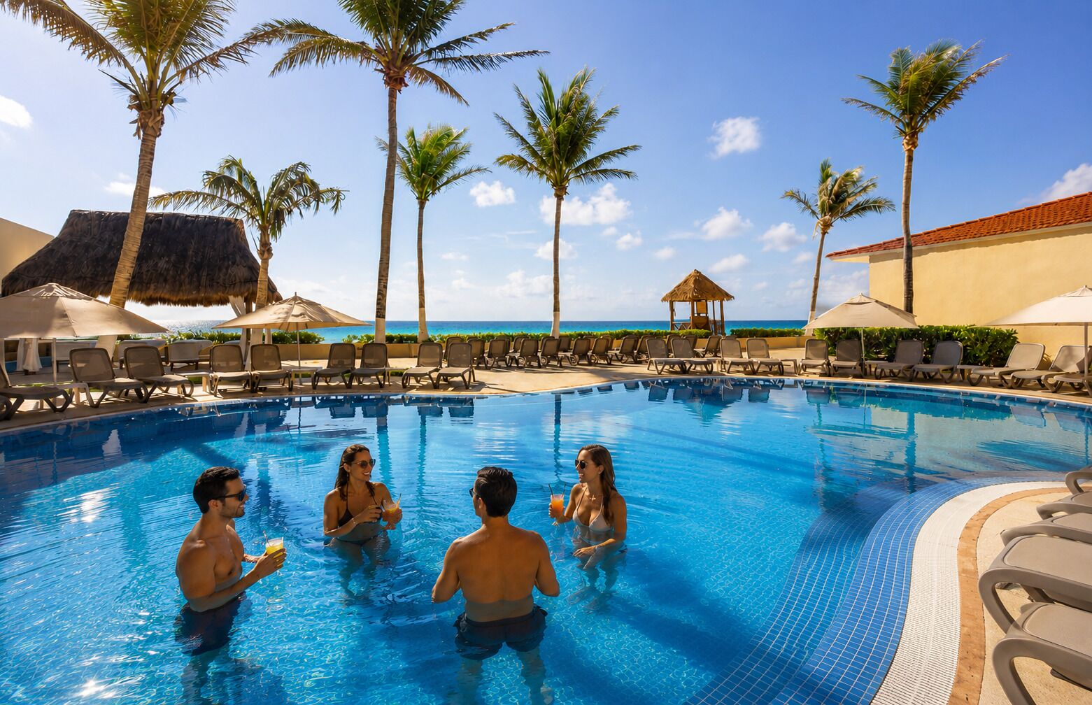 Una piscina con sillas de descanso y palmeras, rodeada de cielo despejado y vistas al océano.