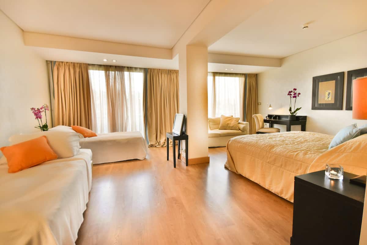 A hotel room with a bed, a sofa, a desk, and a chair.