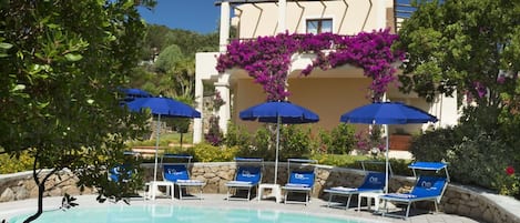 Outdoor pool, pool umbrellas, pool loungers