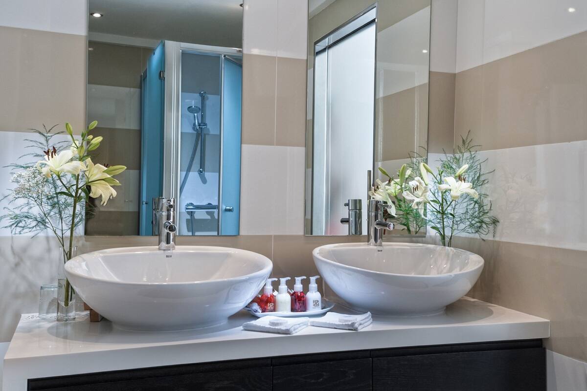 combined shower/bathtub, eco-friendly toiletries, hair dryer, bathrobes