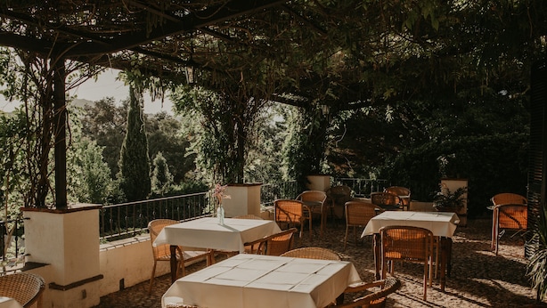 An outdoor patio with wicker tables and chairs, surrounded by potted plants and trees. - Hotel Posada de Valdezufre (Aracena)