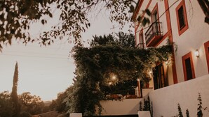 A building with a balcony covered in greenery, a visible window with a red frame, and a light fixture on the wall. - Hotel Posada de Valdezufre (Aracena)