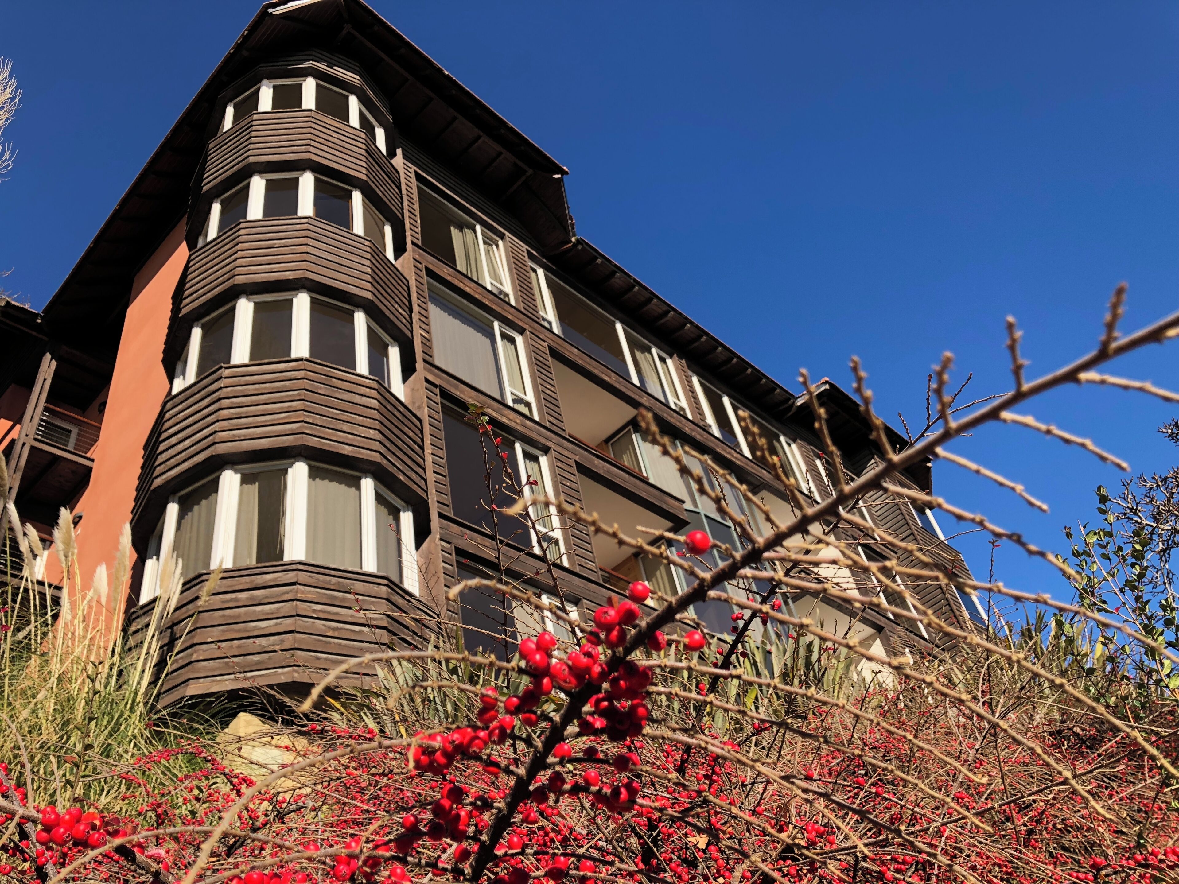 A multi-story building with a distinctive corner design, featuring a mix of dark and light wooden paneling.