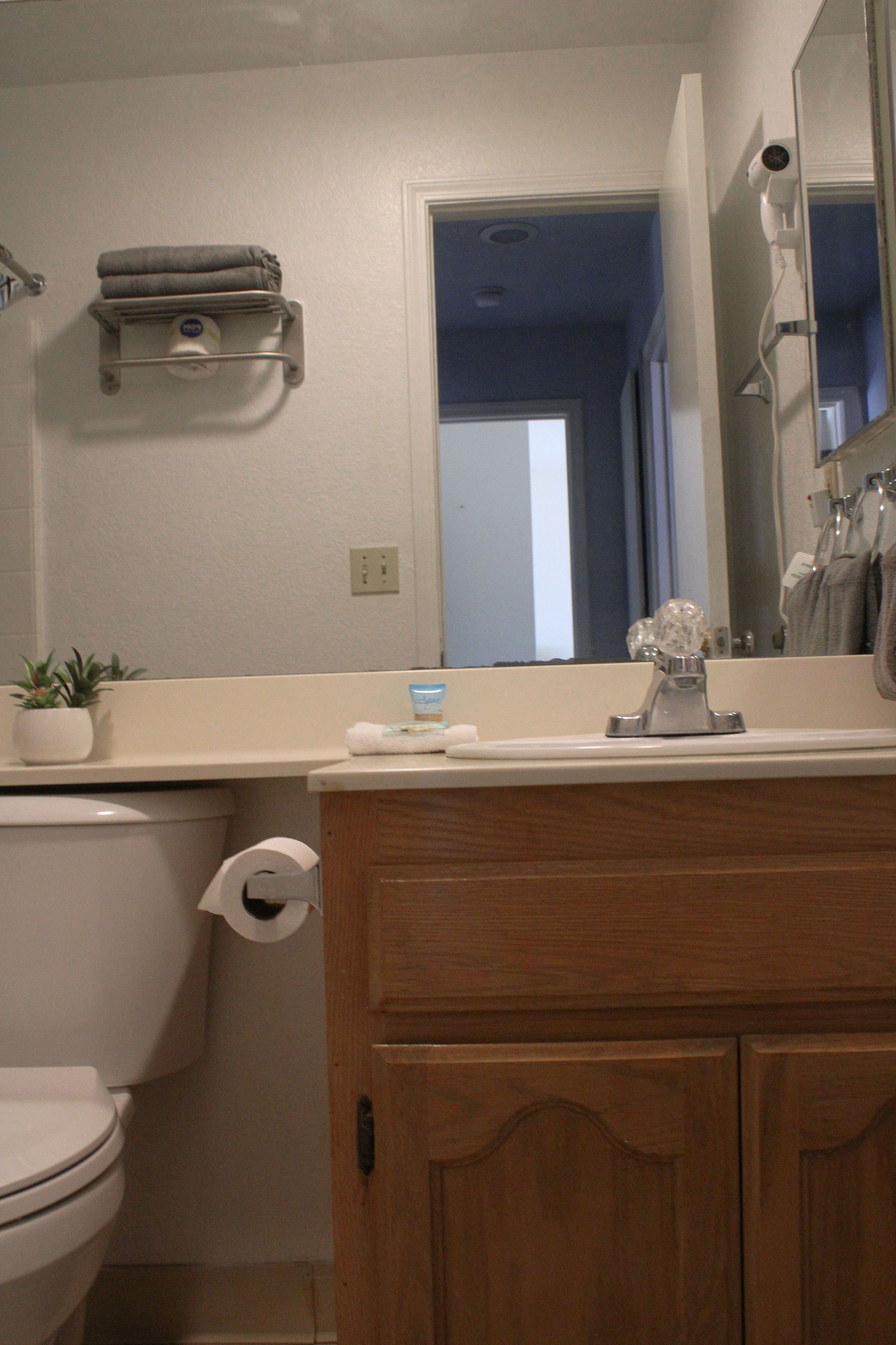 Une salle de bain comprenant des toilettes, un lavabo avec un miroir et un porte-serviettes.