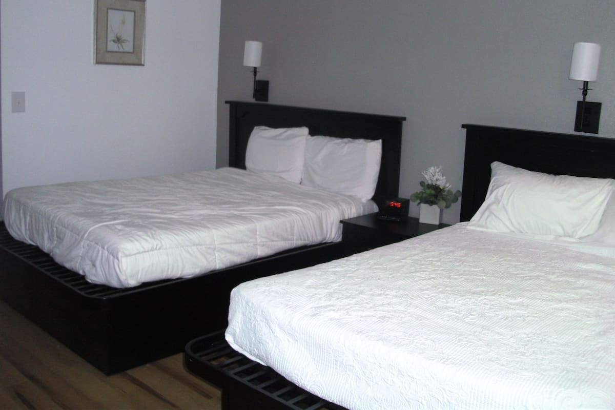 Two single beds with black headboards, white bedding, and bedside tables with lamps.