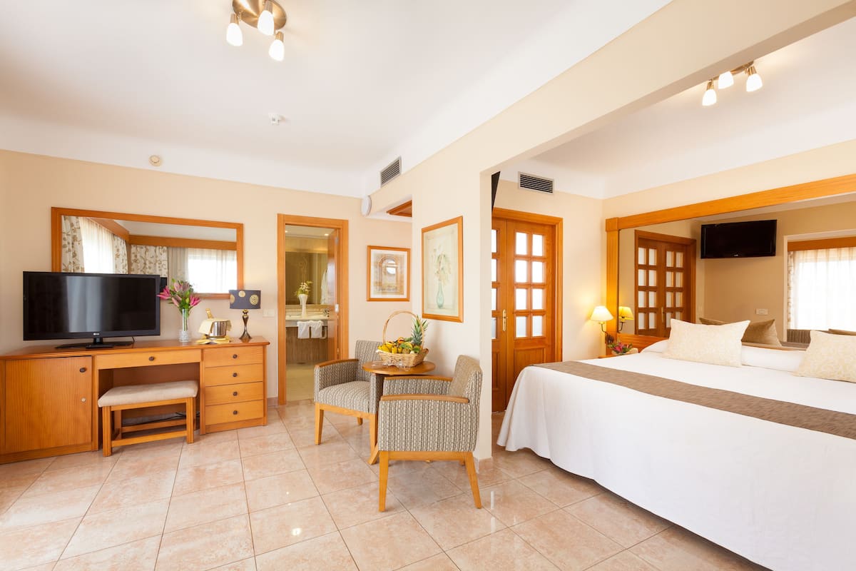 A hotel room with a bed, desk, chair, television, and a dining area.