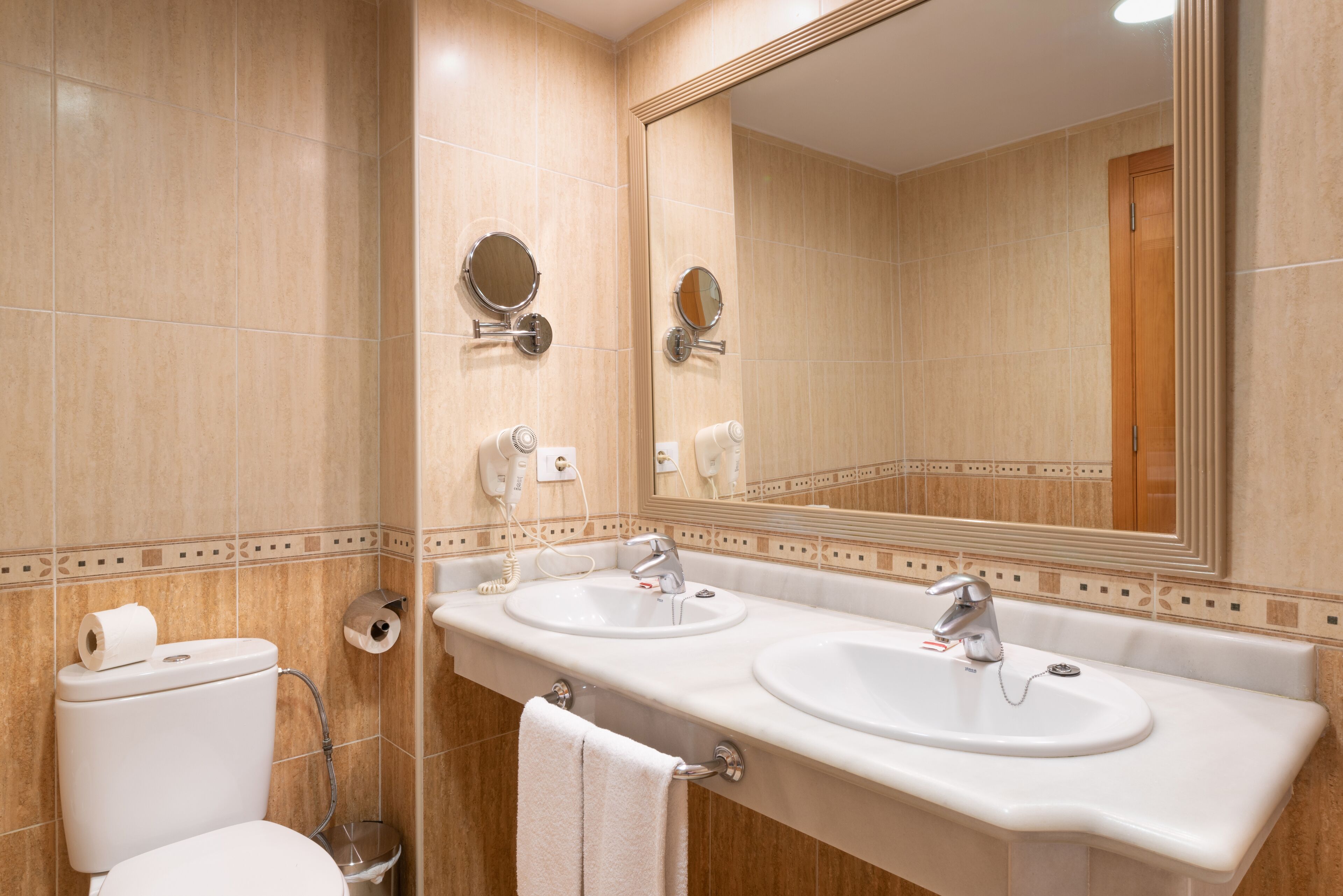 hair dryer, bidet, towels