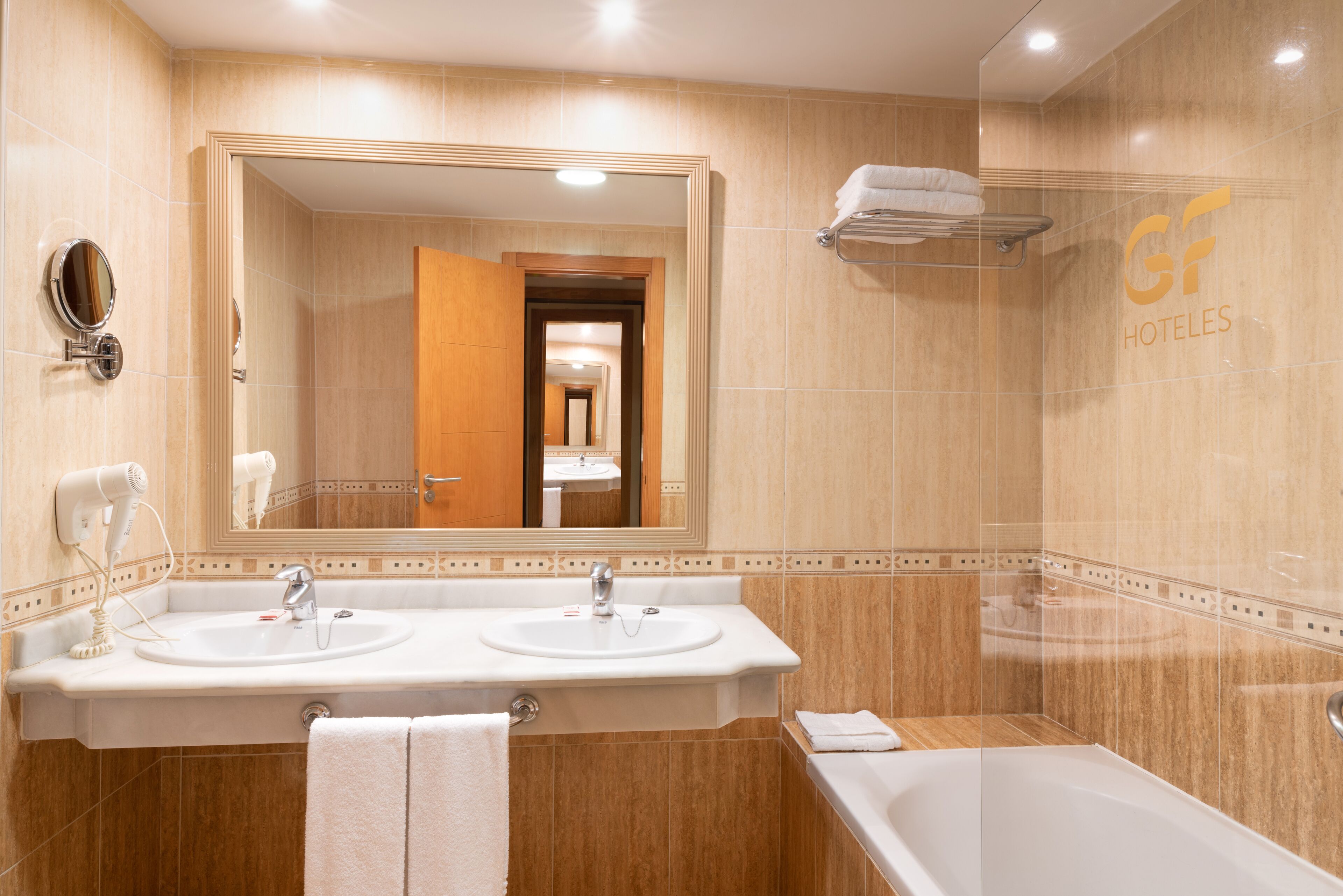 hair dryer, bidet, towels