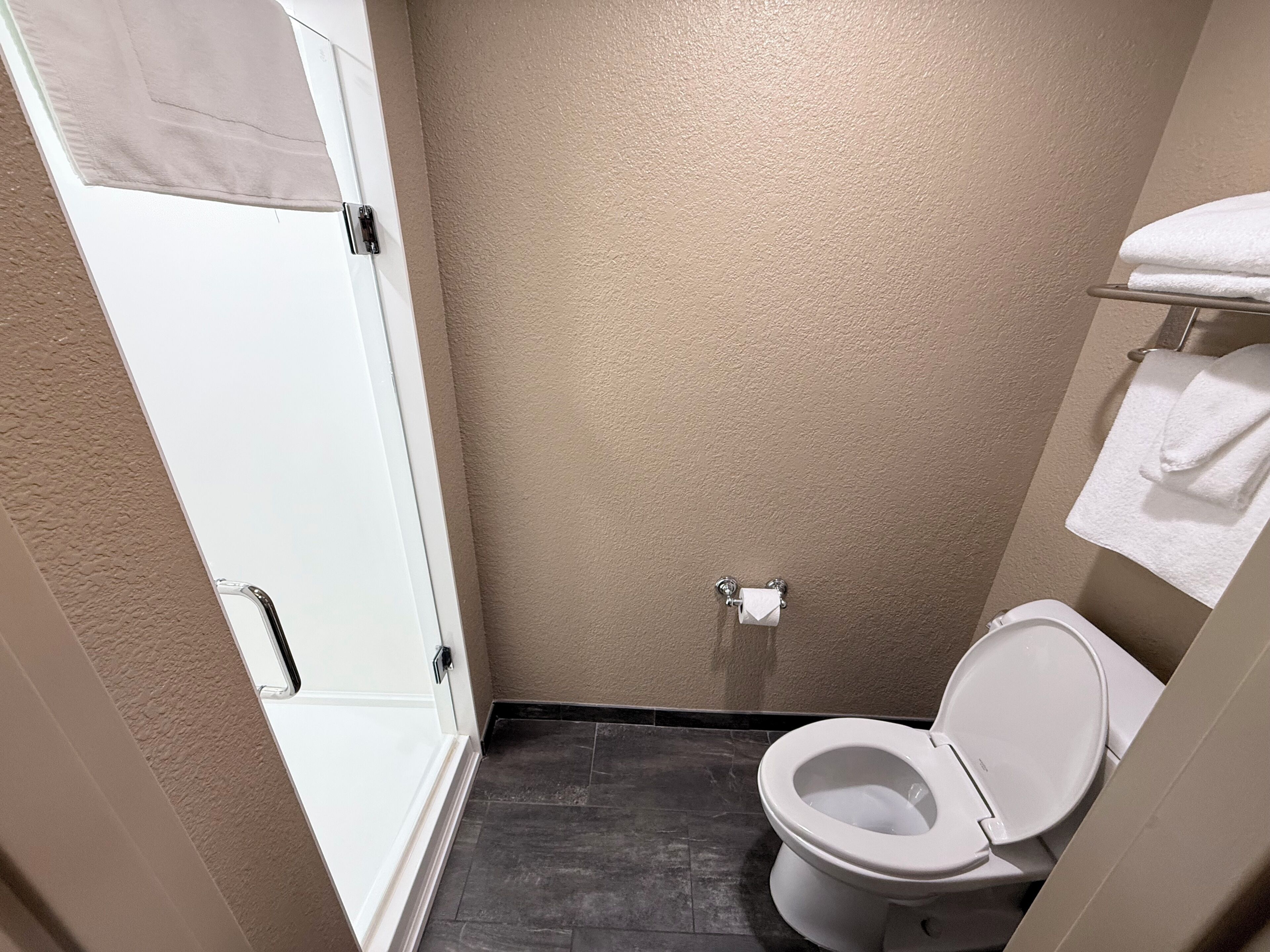 Un baño con inodoro, toallero y puerta.