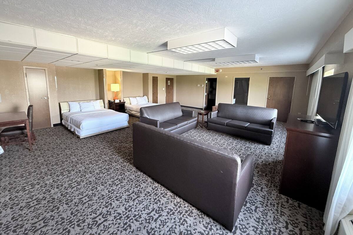 A hotel room with a bed, two sofas, a desk, a TV, and a patterned carpet.