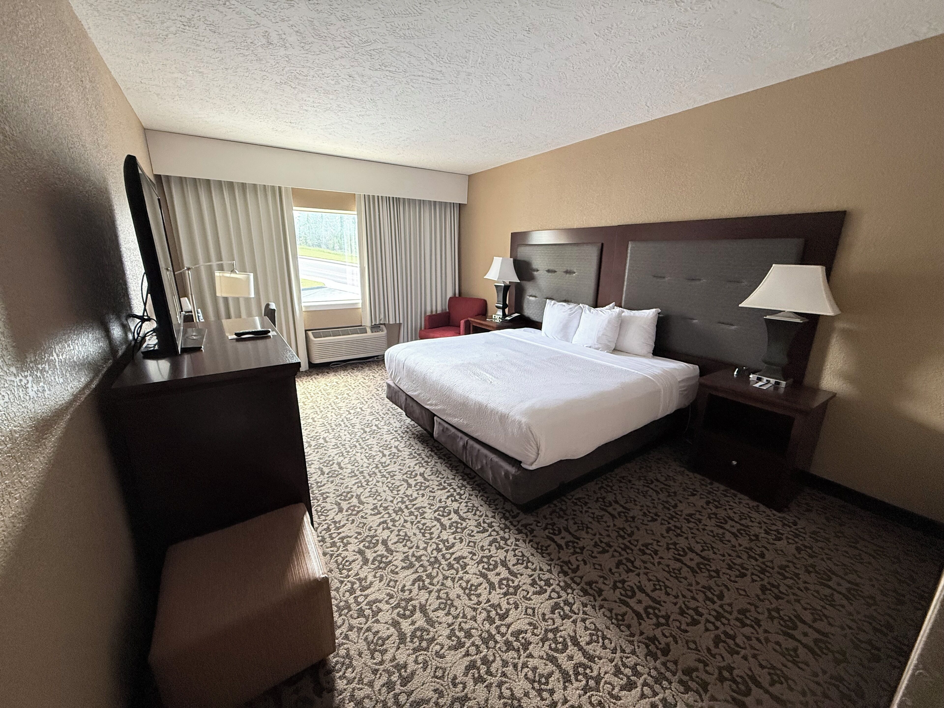 Habitación, 1 cama King size | Ropa de cama de alta calidad, escritorio y cortinas blackout 