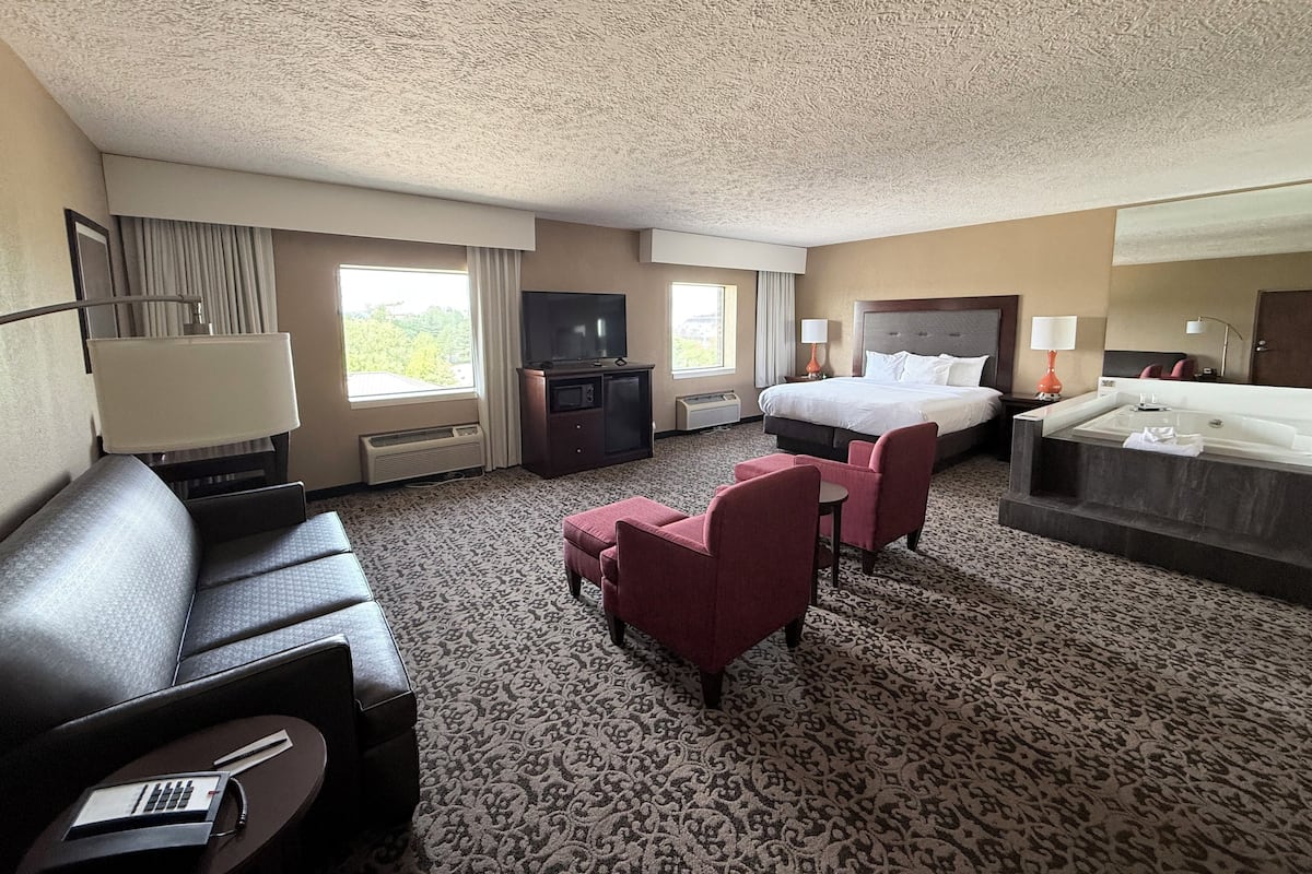 A hotel room with a bed, a desk, a TV, a sofa, a chair, a desk lamp, a bedside table, a lamp, a window, and a bathroom with a bathtub.