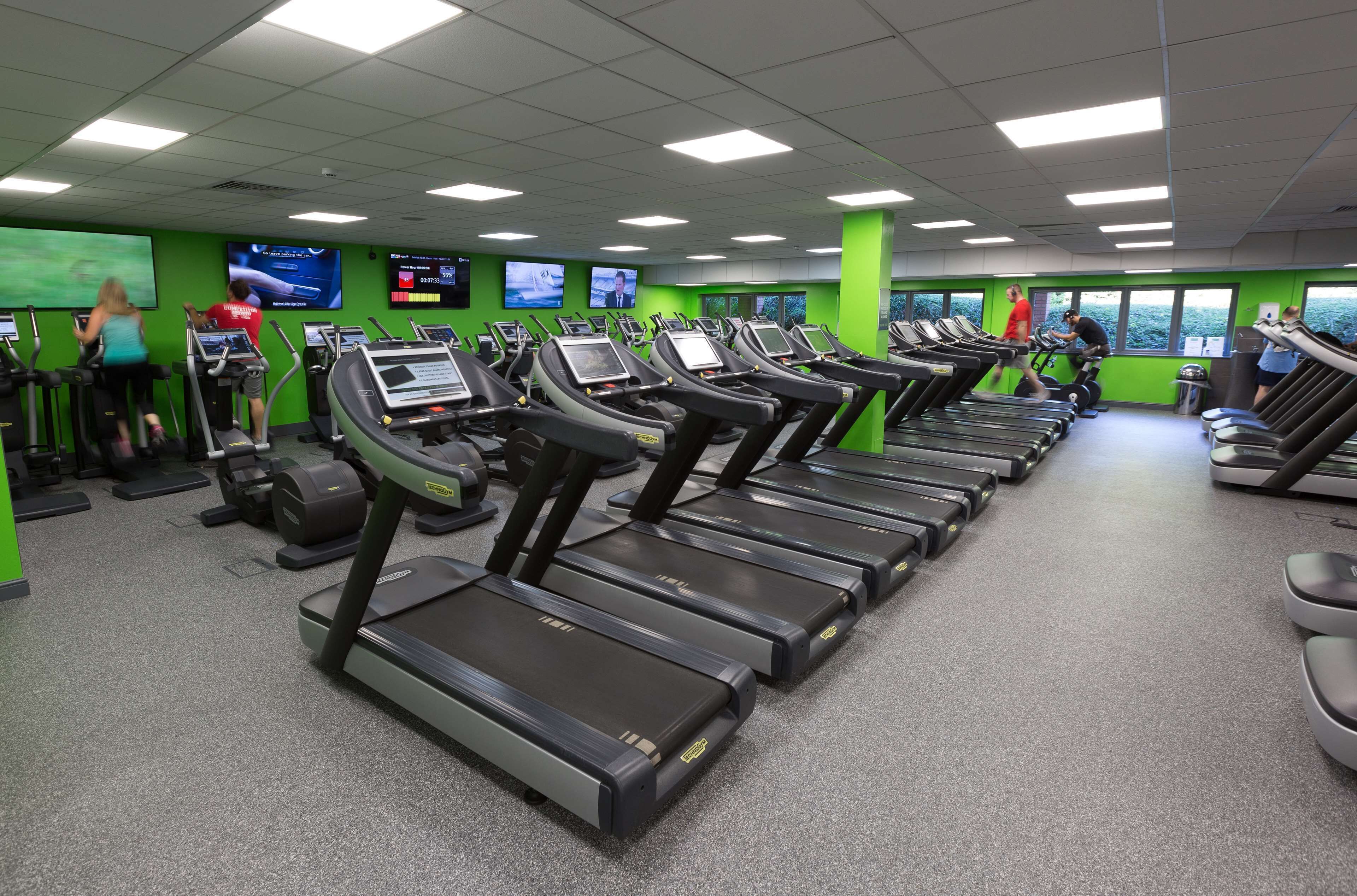 A gym with multiple treadmills, exercise bikes, and weight machines.