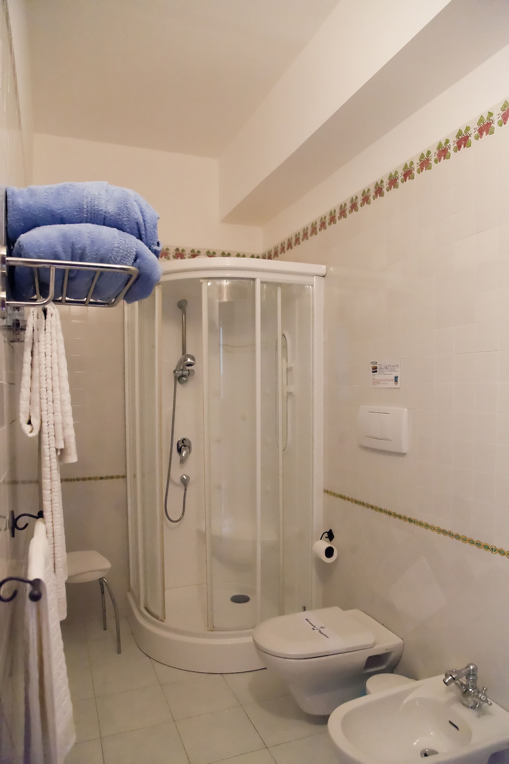 A bathroom with a shower enclosure, toilet, bidet, and a sink.
