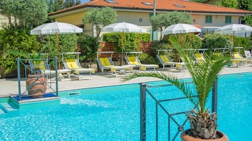 Seasonal outdoor pool, pool umbrellas, pool loungers