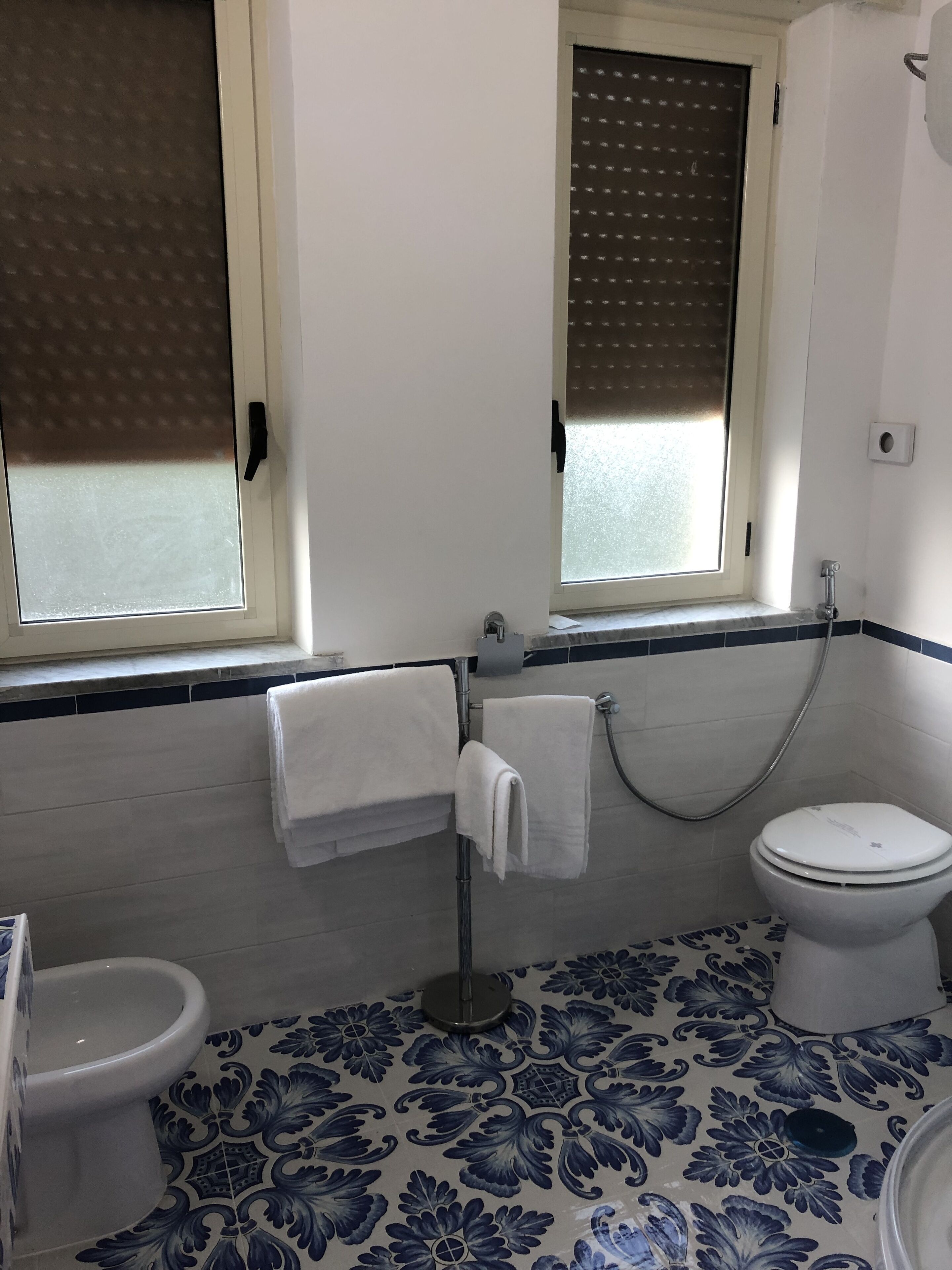 A bathroom with a toilet, bidet, and a window with a towel rack.
