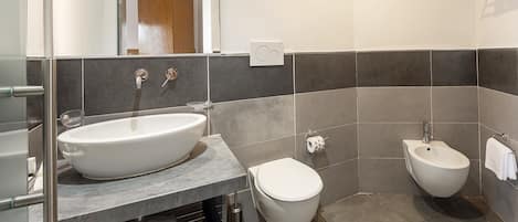 A modern bathroom with a large sink, toilet, bidet, and a mirror above the sink.